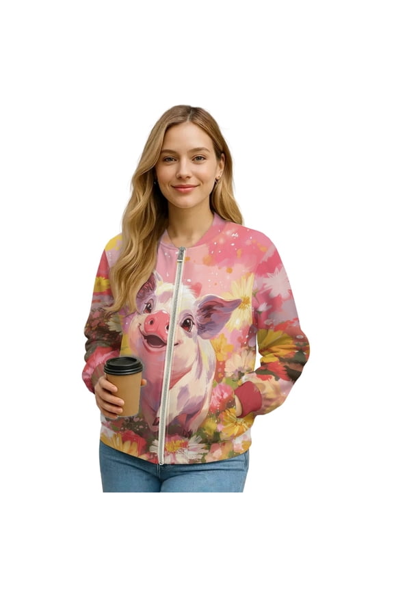 Women's Zip Up Bomber Jacket with Pockets, Lightweight Varsity Jackets Outerwear Stand Collar Bomber Coats Casual Fashion Fall Sweatshirts, XX-Large, Pig Floral Pink