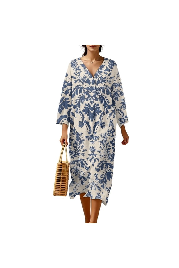 Womens Boho Chic Midi Dress 3/4 Sleeve Loose Fit Office Work Dress Modest V-Neck Wrap Comfortable Cover Up Sundress 2026 Spring Summer, Size 3XL, Bohemian Porcelain Print Beige