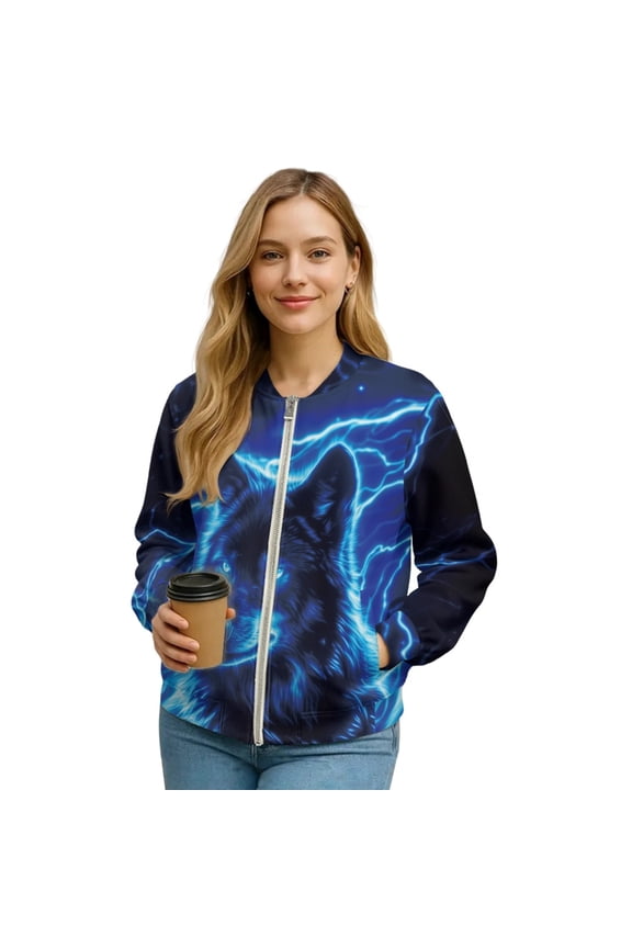 Womens Bomber Jacket Coat Full Zip Stand Collar Casual Jackets with Pockets, Long Sleeve Cropped Fashion Coat Y2k Outerwear Dressy Fall Outfits, Medium, Blue Wolf Lightning