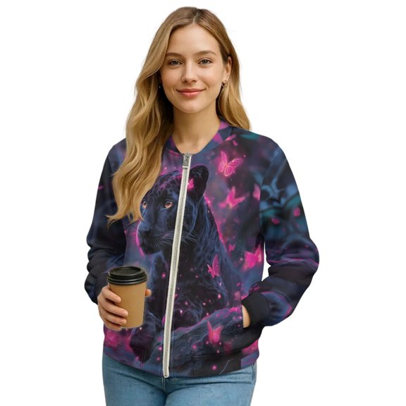 COEQINE Womens Bomber Jacket Coat Full Zip Stand Collar Casual Jackets with Pockets, Long Sleeve Cropped Fashion Coat Y2k Outerwear Dressy Fall Outfits, Small, Black Leopard Butterfly