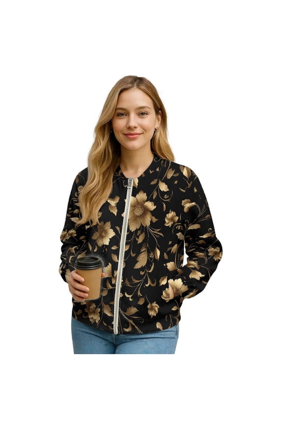 Womens Bomber Jacket Coat Full Zip Stand Collar Casual Jackets with Pockets, Long Sleeve Cropped Fashion Coat Y2k Outerwear Dressy Fall Outfits, Small, Gold Floral