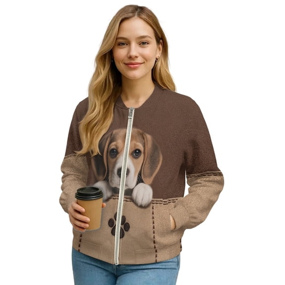 COEQINE Womens Bomber Jacket Coat Full Zip Stand Collar Casual Jackets with Pockets, Long Sleeve Cropped Fashion Coat Y2k Outerwear Dressy Fall Outfits, XX-Large, Beagle Dog Paw Brown