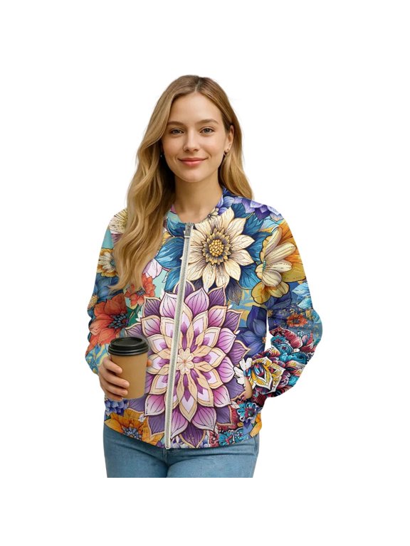 Womens Bomber Jacket Coat Zip Up Stand Collar Cardigan Jacket Bohemian Flower Long Sleeve Cropped Bomber Winter Coat 2025 Fashion Varsity Shacket Windbreaker, 4X-Large, Boho Floral Mandala