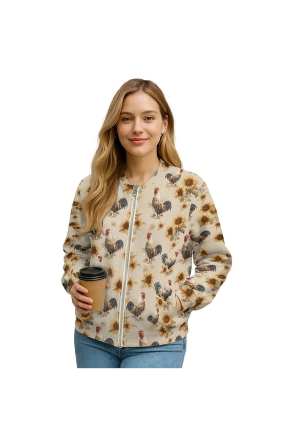 Womens Bomber Jacket Coat Zip Up Stand Collar Cardigan Jacket Long Sleeve Cropped Bomber Winter Coat 2025 Fashion Varsity Shacket Windbreaker, Medium, Rooster Chicken Sunflower