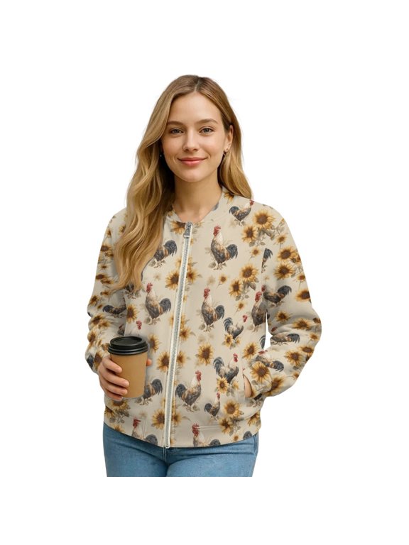 Womens Bomber Jacket Coat Zip Up Stand Collar Cardigan Jacket Long Sleeve Cropped Bomber Winter Coat 2025 Fashion Varsity Shacket Windbreaker, XX-Large, Rooster Chicken Sunflower