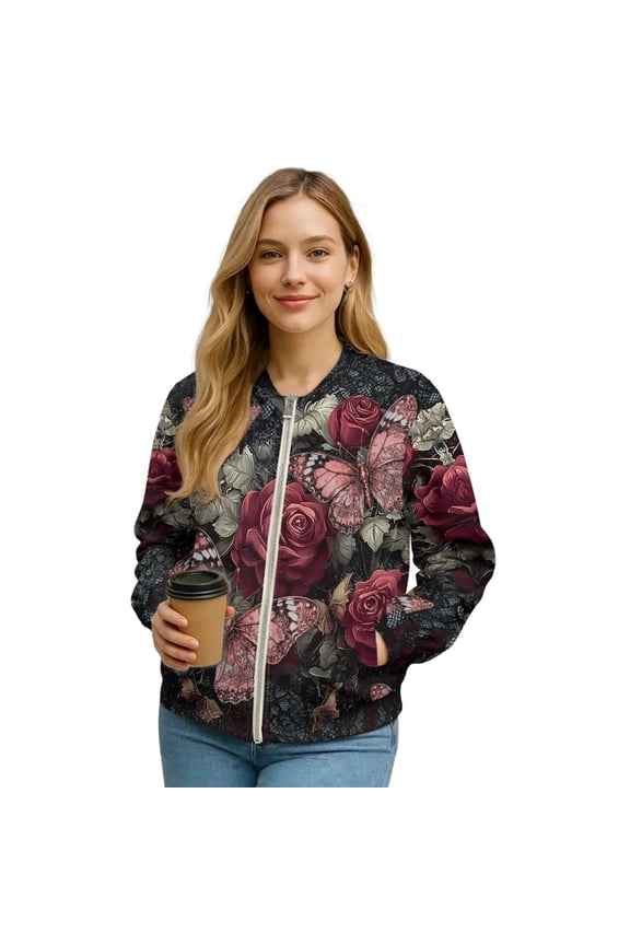Womens Bomber Jacket Coat Zip Up Stand Collar Cardigan Jacket Long Sleeve Cropped Bomber Winter Coat 2025 Fashion Varsity Shacket Windbreaker, XX-Large, Gothic Rose Butterfly