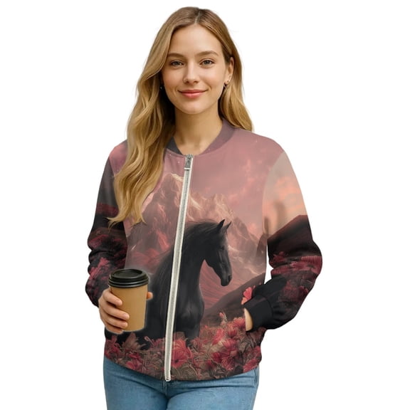 COEQINE Womens Cropped Bomber Jacket Full Zip Loose Fit Bomber Winter Coat Trendy Stand Collar Varsity Jackets Shackets Outerwear Dressy Fall Clothes, Large, Black Horse Floral