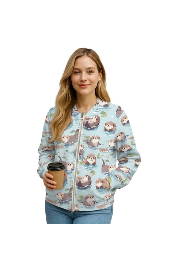 Womens Cropped Bomber Jacket Full Zip Loose Fit Bomber Winter Coat Trendy Stand Collar Varsity Jackets Shackets Outerwear Dressy Fall Clothes, Medium, Cartoon Otter Blue