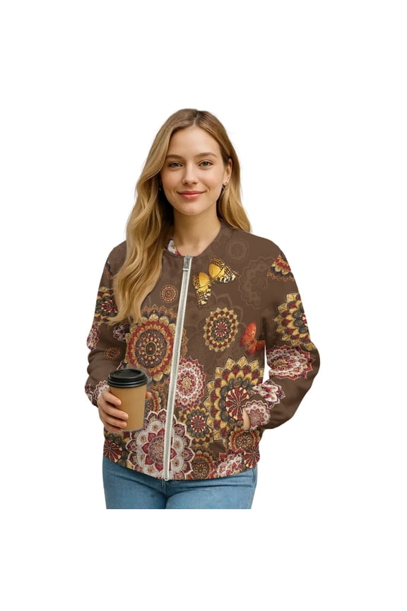 Womens Cropped Bomber Jacket Zip Up Long Sleeve Motorcycle Jackets Stand Collar Cropped Bomber Coat Slouchy Shackets Sweatshirts Winter Coats, Large, Butterfly Boho Mandala Floral