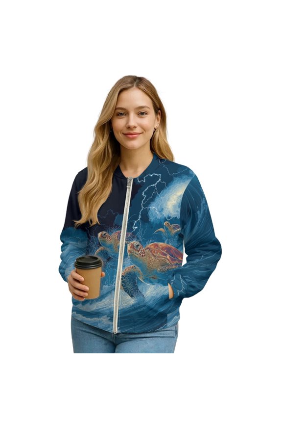 Womens Cropped Bomber Jacket Zip Up Long Sleeve Motorcycle Jackets Stand Collar Cropped Bomber Coat Slouchy Shackets Sweatshirts Winter Coats, Small, Sea Turtle Lightning Blue