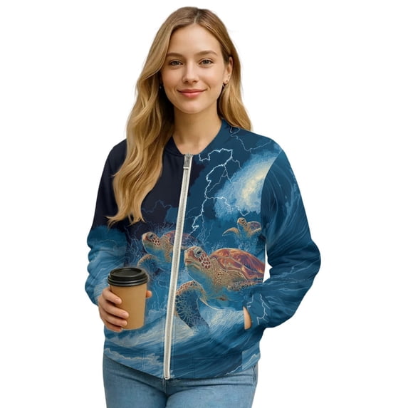 COEQINE Womens Cropped Bomber Jacket Zip Up Long Sleeve Motorcycle Jackets Stand Collar Cropped Bomber Coat Slouchy Shackets Sweatshirts Winter Coats, X-Large, Sea Turtle Lightning Blue