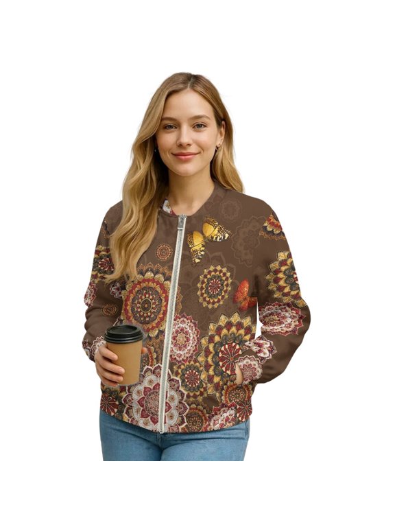 Womens Cropped Bomber Jacket Zip Up Long Sleeve Motorcycle Jackets Stand Collar Cropped Bomber Coat Slouchy Shackets Sweatshirts Winter Coats, X-Large, Butterfly Boho Mandala Floral