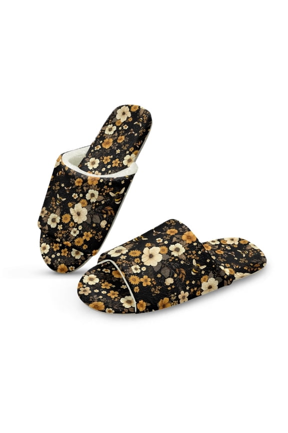 Womens Fuzzy Slippers House Shoes Open Toe Indoor Slippers Soft Lightweight Quiet Fluffy Slides Machine Washable Footwear for Ladies Her, Yellow Floral Bee Print, 42-43