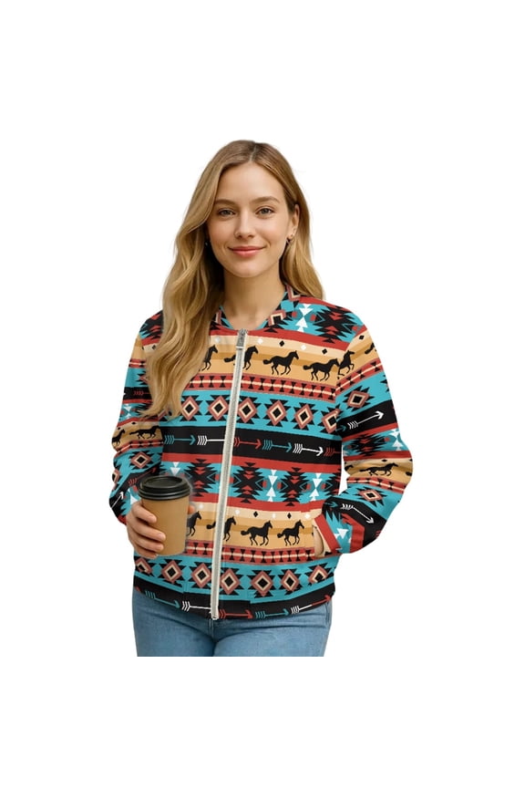 Womens Zip Up Bomber Jacket Long Sleeve Varsity Jackets Shackets Casual Coat with Pockets, Relaxed Fit Stand Collar Fall Winter Outerwear, Large, American Tribal Western Arrow Horse