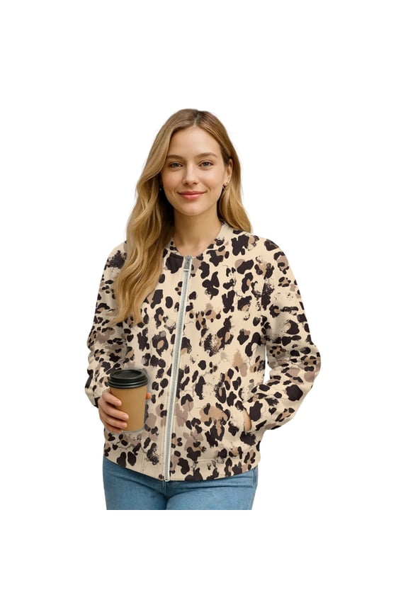 Womens Zip Up Bomber Jacket Long Sleeve Varsity Jackets Shackets Casual Coat with Pockets, Relaxed Fit Stand Collar Fall Winter Outerwear, Small, Retro Leopard Print