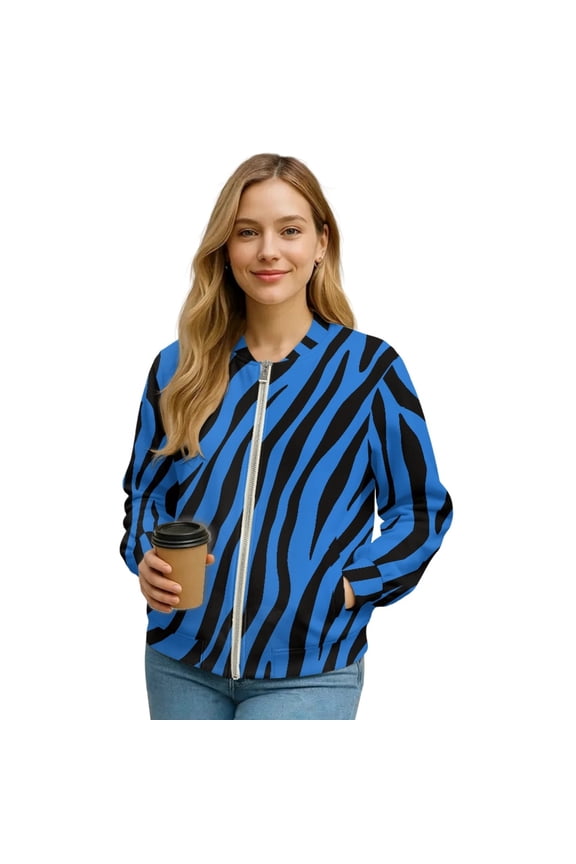 Womens Zip Up Sweatshirt Jacket Cropped Coat Long Sleeve Bomber Jacket Casual Motorcycle Coats with Pockets, 2025 Fall Winter Tops Outerwear, X-Large, Blue Zebra Print