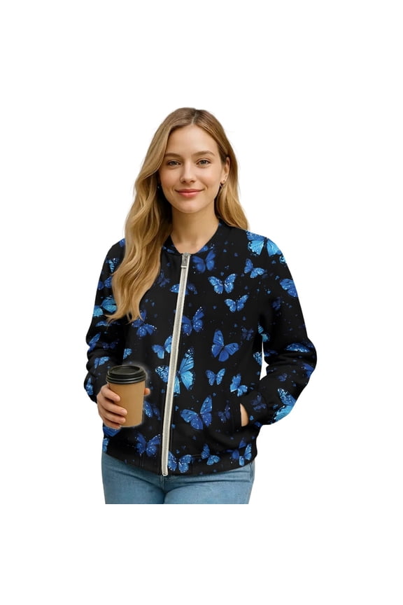 Womens Zip Up Sweatshirt Jacket Cropped Coat Long Sleeve Bomber Jacket Casual Motorcycle Coats with Pockets, 2025 Trendy Fall Winter Tops Outerwear, Medium, Blue Butterfly
