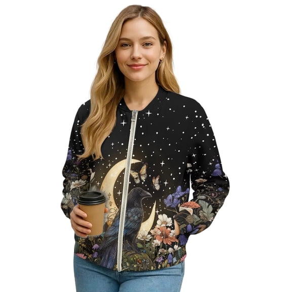 COEQINE Womens Zip Up Sweatshirt Jacket Cropped Coat Long Sleeve Bomber Jacket Casual Motorcycle Coats with Pockets, Mystical Crow Fall Tops Outerwear, X-Large, Raven Butterfly Moon Star Floral