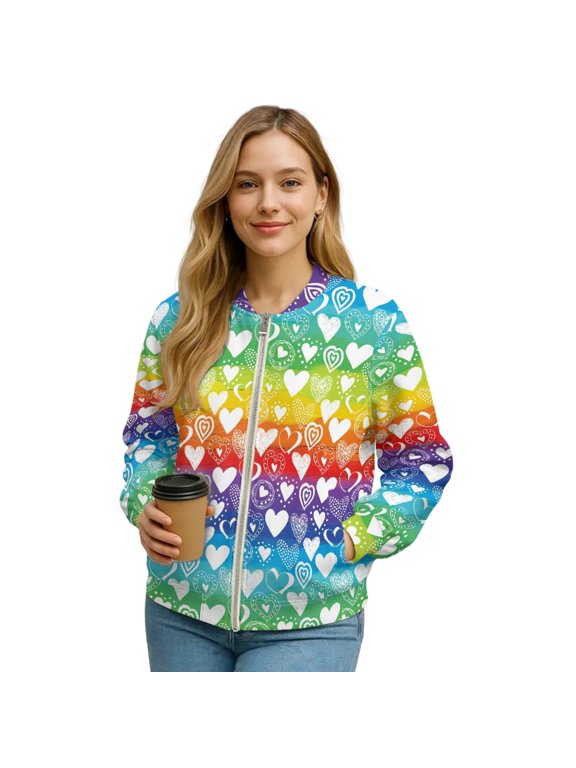 Womens Zip Up Sweatshirt Jacket Relaxed Fit Fall Trendy Bomber Jacket with Pocket, Long Sleeve Cropped Coat Sweatshirts Baseball Outerwear, X-Large, Pride Rainbow Heart