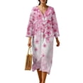 thumbnail image 1 of COEQINE Wrap Dress for Women 3/4 Sleeve Midi Length Church Dress Loose Fit Tunic Style, Linen-Like Polyester, V-Neck Design Loungewear, Size 2XL, Pink Cherry Blossom, 1 of 6