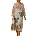 thumbnail image 1 of COEQINE Wrap Dress for Women 3/4 Sleeve Midi Length Church Dress Loose Fit Tunic Style, Linen-Like Polyester, V-Neck Design Loungewear, Size 4XL, Vintage Hummingbird Floral, 1 of 6