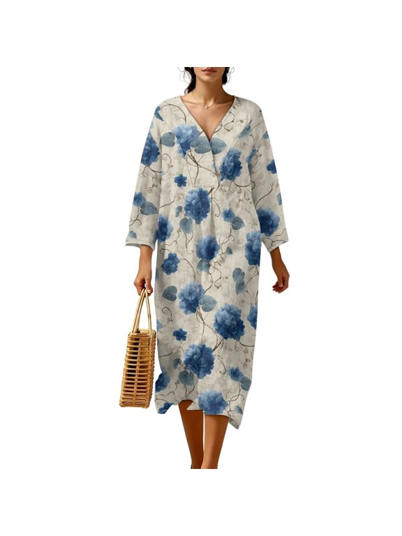 Wrap Dress for Women 3/4 Sleeve Midi Length Church Dress Loose Fit Tunic Style, Linen-Like Polyester, V-Neck Design Loungewear, Size L, Blue Hydrangea Floral