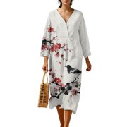COEQINE Wrap Dress for Women 3/4 Sleeve Midi Length Church Dress Loose Fit Tunic Style, Linen-Like Polyester, V-Neck Design Loungewear, Size M, Ink Plum Magpie Bird