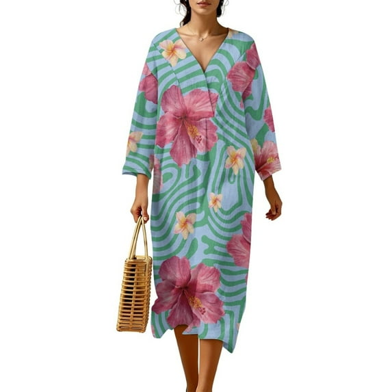 COEQINE Wrap Dress for Women 3/4 Sleeve Midi Length Church Dress Loose Fit Tunic Style, Linen-Like Polyester, V-Neck Design Loungewear, Size XL, Tropical Hibiscus Plumeria