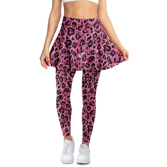 COEQINE Yoga Legging Skirts for Women Pink Leopard Print Pattern High Waist Tennis Skirted Legging Elastic Skort Pants Breathable Golf Pickleball Leggings with Pockets, XS