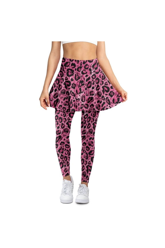 Yoga Legging Skirts for Women Pink Leopard Print Pattern High Waist Tennis Skirted Legging Elastic Skort Pants Breathable Golf Pickleball Leggings with Pockets, L