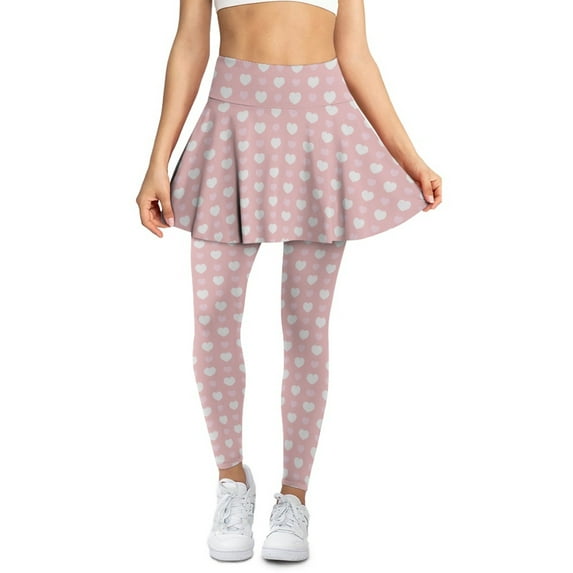 COEQINE Yoga Skirted Legging for Women Elastic High Waist Golf Leggings with Skirts Heart Pink Print Fashion Moisture-Wicking Full Length Yoga Pants with Pockets, L