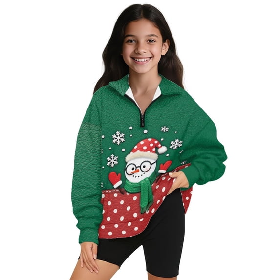 COEQINE Youth Girls Sweatshirt Pullover, Quarter Zip Long Sleeve Loose Fit Sweatshirt Tops, Soft Polyester Fall Outfits with Collar for Ages 7-8, Snowman Polka Dot Green Red