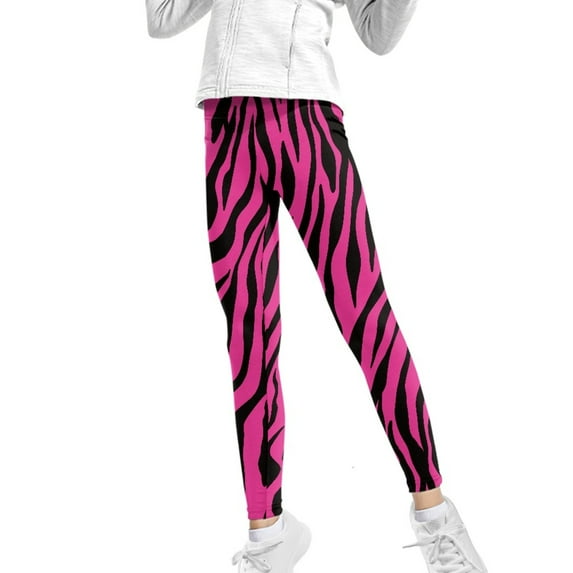 COEQINE Zebra Stripes Dark Pink Girls Sport Leggings Buttery Soft Yoga Legging High Waist Yoga Pants for Jogging Gym, for 4-5 Years Kids Girls