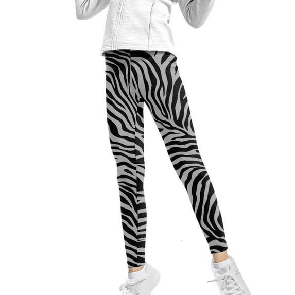 COEQINE Zebra Stripes Grey Stretchy Girls Athletic Legging Kids Dance Workout Running Soft Comfort Yoga Pants for 10-11 Years Kids Girls