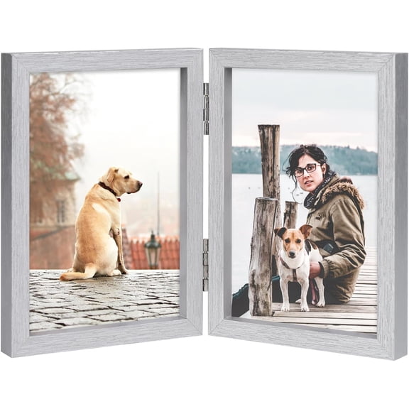 COEQWD-4x6 Double Picture Frame Wooden Hinged Photo Frame Definition Glass Stand Vertically on Desktop or Tabletop Silver