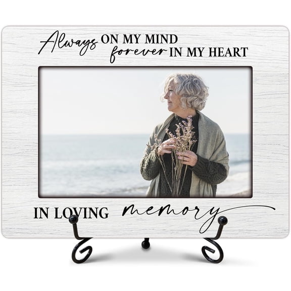 COEQWD-Loving Memory Wooden Memorial Photo Frame - Solid Wood Frame with Rustic Iron Stand, Sympathy Gift for Loss of Loved Ones, Funeral & Remembrance Keepsake - for 4x6 Photo-A17