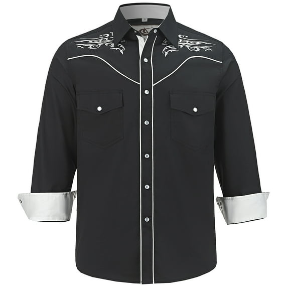 COEVALS CLUB Men's Embroidered Western Cowboy Long Sleeve Pearl Snap Two Pockets Casual Button up Shirts Black 1-01 Small