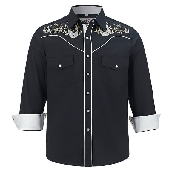 COEVALS CLUB Men's Embroidered Western Cowboy Long Sleeve Pearl Snap Two Pockets Casual Button up Shirts Black 3-01 Large