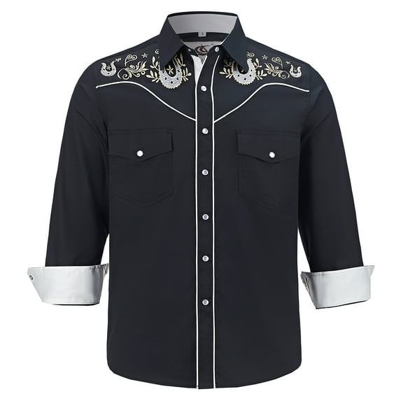 COEVALS CLUB Men's Embroidered Western Cowboy Long Sleeve Pearl Snap Two Pockets Casual Button up Shirts Black 3-01 Medium