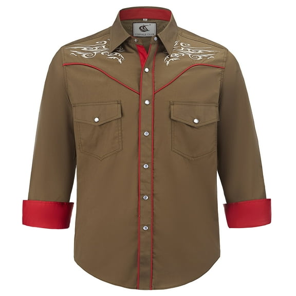 COEVALS CLUB Men's Embroidered Western Cowboy Long Sleeve Pearl Snap Two Pockets Casual Button up Shirts Brown 1-05 Large