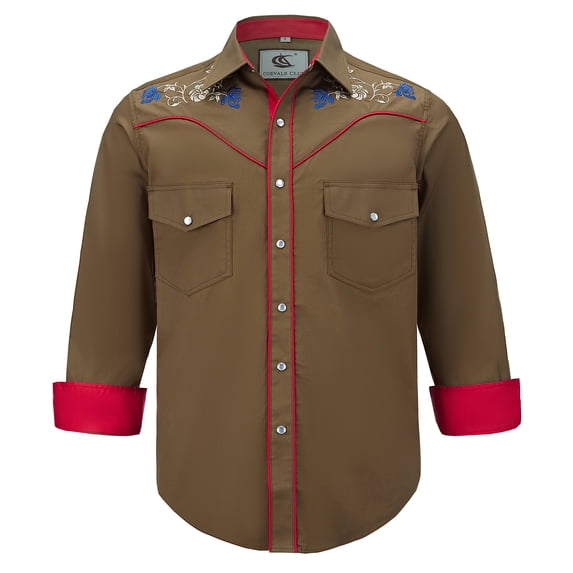 COEVALS CLUB Men's Embroidered Western Cowboy Long Sleeve Pearl Snap Two Pockets Casual Button up Shirts Brown 2-05 4X-Large