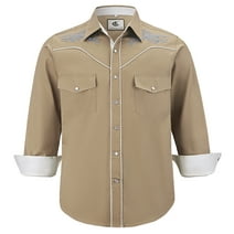 COEVALS CLUB Men's Embroidered Western Cowboy Long Sleeve Pearl Snap Two Pockets Casual Button up Shirts Khaki 1-03 4X-Large