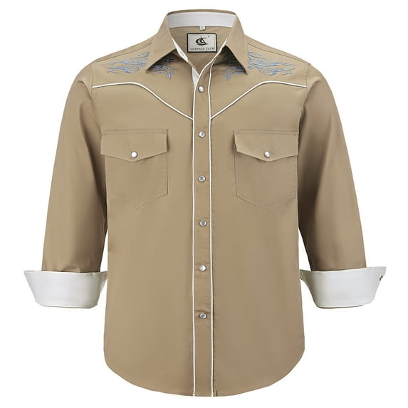 COEVALS CLUB Men's Embroidered Western Cowboy Long Sleeve Pearl Snap Two Pockets Casual Button up Shirts Khaki 1-03 Medium