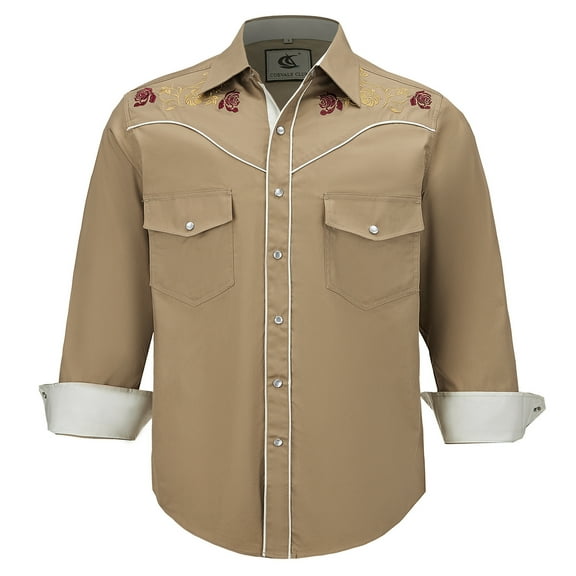 COEVALS CLUB Men's Embroidered Western Cowboy Long Sleeve Pearl Snap Two Pockets Casual Button up Shirts Khaki 2-03 XX-Large