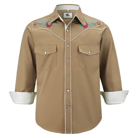 COEVALS CLUB Men's Embroidered Western Cowboy Long Sleeve Pearl Snap Two Pockets Casual Button up Shirts Khaki 3-03 Large