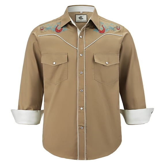 COEVALS CLUB Men's Embroidered Western Cowboy Long Sleeve Pearl Snap Two Pockets Casual Button up Shirts Khaki 3-03 Medium