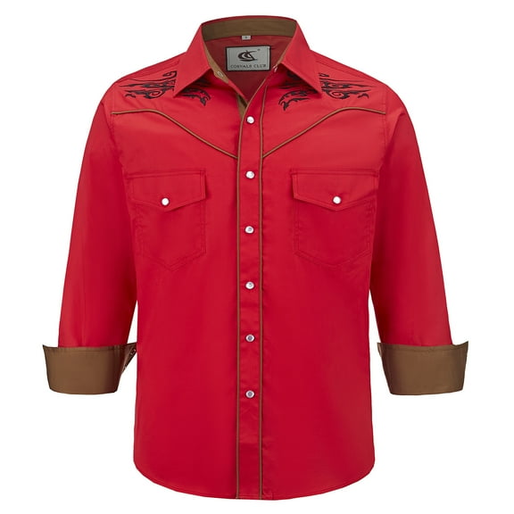 COEVALS CLUB Men's Embroidered Western Cowboy Long Sleeve Pearl Snap Two Pockets Casual Button up Shirts Red 1-04 3X-Large