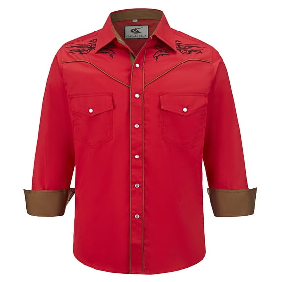 COEVALS CLUB Men's Embroidered Western Cowboy Long Sleeve Pearl Snap Two Pockets Casual Button up Shirts Red 1-04 4X-Large