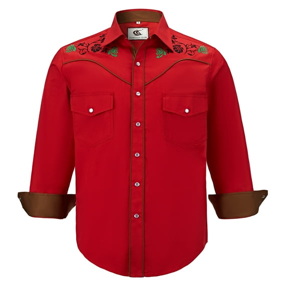 COEVALS CLUB Men's Embroidered Western Cowboy Long Sleeve Pearl Snap Two Pockets Casual Button up Shirts Red 2-04 3X-Large