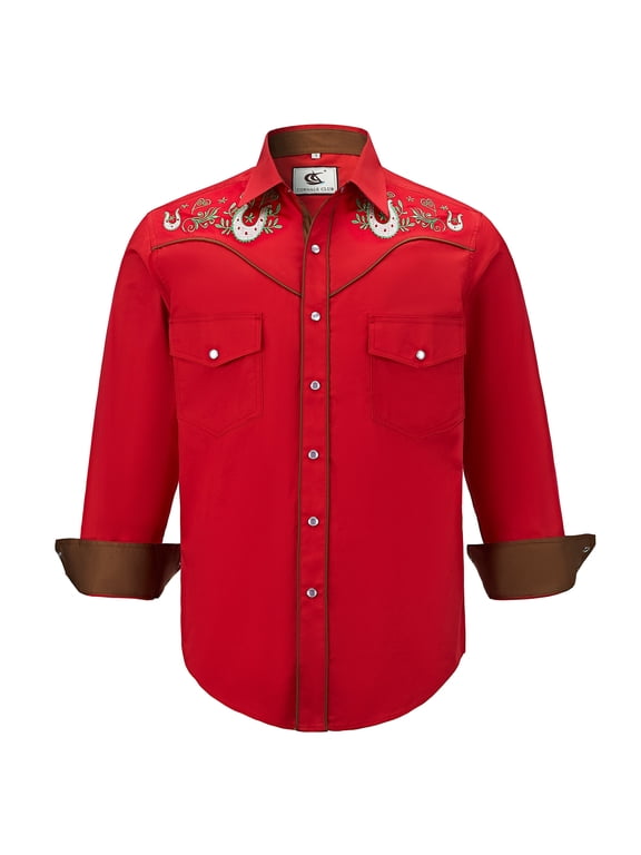 Men's Embroidered Western Cowboy Long Sleeve Pearl Snap Two Pockets Casual Button up Shirts Red 3-04 3X-Large